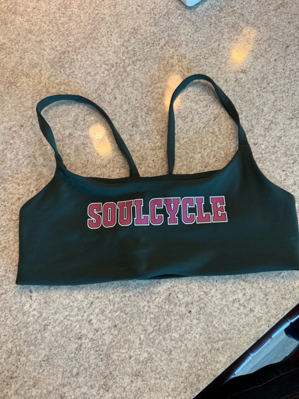 Size 10 green Lululemon SoulCycle Sports Bra with Pink Logo